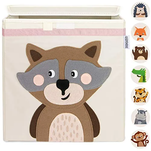 GLÜCKSWOLKE Kinder Aufbewahrungsbox - 15 Motive I Spielzeugkiste mit Deckel für Kinderzimmer I Spielzeug Boxen (33x33x33) zur Aufbewahrung im Kallax Regal I Waldtiere Motiv Waschbär