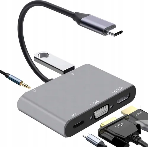 USB-C HUB 5in1 HDMI 4K VGA USB 3.0 Adapter - Laptop-Dockingstation mit 4K HDMI und 5Gbps USB 3.0 für schnelle Datenübertragung und einfache Verbindung zu Monitoren und Projektoren.