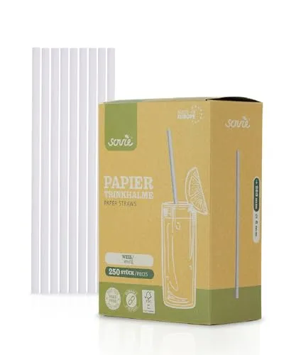 Sovie Strohhalme Papier Weiß - Trinkhalme Plastikfrei - FSC-zertifiziert, Made in Europe, Biologisch Abbaubar - Ø6mm - 20cm Länge - 250 Stück