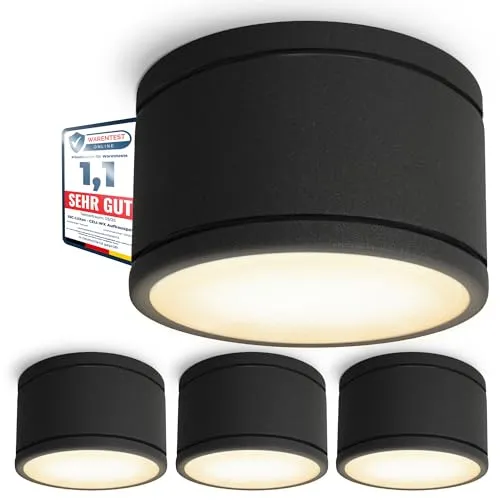 SSC-LUXon 4 Stück CELI-WX Aufbauleuchte Bad schwarz - Deckenspots für Badezimmer & Außenbereich, spritzwassergeschützt IP44, inklusive 4 warmweißen LED GX53 Leuchten, ideal für moderne Beleuchtung.
