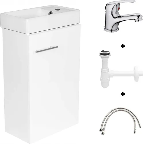 Badezimmerschrank mit einem 60x40 großen Waschbecken in Weißglanz und einem kleinen kompakten Chromhahn