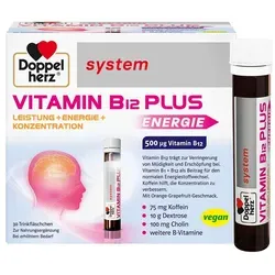 Doppelherz Vitamin B12 Plus system Trinkampullen - Nahrungsergänzungsmittel für mehr Energie und Konzentration, enthält 500 μg Vitamin B12, Koffein und Cholin in praktischen Trinkampullen mit leckerem Orange-Grapefruit-Geschmack.