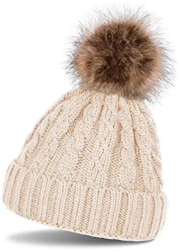 styleBREAKER Zopfmuster Bommelmütze, Strickmütze mit Fellbommel, Winter Beanie Mütze, Unisex 04024064, Farbe:Beige