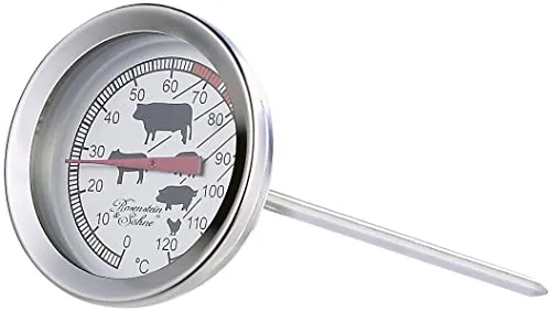 Rosenstein & Söhne Fleischthermometer XL: Analoges Bratenthermometer für perfekte Garstufen - Bratenthermometer mit markierten Temperatur-Bereichen für 5 Fleischsorten, kinderleichte Ablesung des Gar-Status und hochwertiges Edelstahl-Gehäuse für Langlebigkeit.
