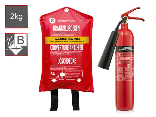Set: CO2-Feuerlöscher 2 Kilogramm, Auto, Brandklasse B + Löschdecke Brandschutz