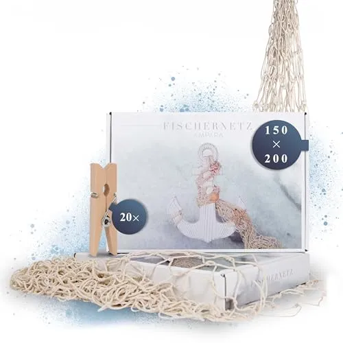 AMPARA® Fischernetz Deko - 150x200cm - weich & hochwertig - Fotonetz - Maritime Deko, Garten, Meer | incl. 20 Holzklammern