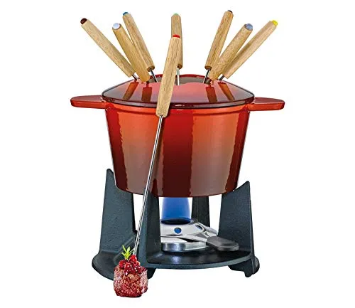 Spring Gusseisen Fondue-Set GRENOBLE rot, Ø 15,5 cm mit 8 Fonduegabeln, 16 cm