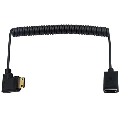 Duttek Mini HDMI zu HDMI Kabel, HDMI zu Mini HDMI Spiralkabel, Links abgewinkelter Mini HDMI Stecker auf HDMI Buchse, Adapterkabel, unterstützt 1080p Full HD, 3D, 1,8 m