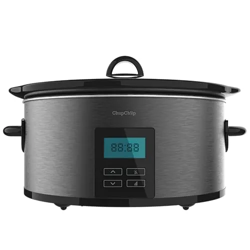 Cecotec Slow Cooker 5,5L Chupchup Matic Spatula. 240W, Programmierbar 24h, 2 Temperaturen, Timer, LCD-Display, Warmhaltefunktion, Ofenfest, Ovales Keramik, Glasdeckel