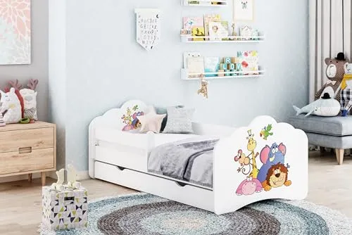 Happy Babies MOBI-Kinderbett 160 x 80|Kinderbett mit Rausfallschutz&Bettkasten|Jugendbett mit farbigem Aufkleber|Kinderbett mit Matratze 80x160|Kinder-Bett für Mädchen&Jungen WIESS (M13), 600401MO00