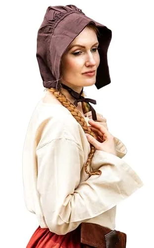 Leonardo Carbone® Damen Kopfbedeckung Mittelalter-Bundhaube Claire | Kapuzenartiger Schnitt | Lange Bänder | Karneval, Halloween, Cosplay, LARP, Haube, Hut, Mütze | 100% Baumwolle Dunkelbraun
