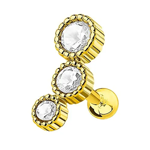 Piercingfaktor Tragus Piercing Helixpiercing Helix Ohr Cartilage Knorpel Stecker mit 3 Kristallen Strass Steinen Gold