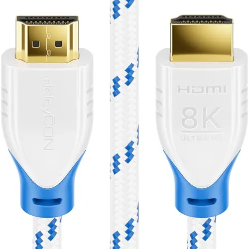 deleyCON 1,5m 8K HDMI 2.1 Kabel (48G, ULTRA Highspeed) 8K@60Hz 4K@120Hz 2K@144Hz/165Hz EARC HDCP 2.3/2.2 - Kompatibel mit DTS:X Dynamisches HDR Dolby Atmos TV PS5 Xbox Soundbar Monitor - Weiß