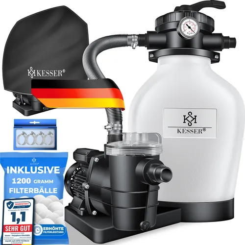 KESSER Sandfilteranlage 600W - Professionelle Poolfilterung - Sandfilteranlage für Pools mit 10200L/h Durchfluss, inkl. 700g Filterbälle, 7-Wege Ventil und geringem Geräuschpegel für sauberes, klares Wasser.
