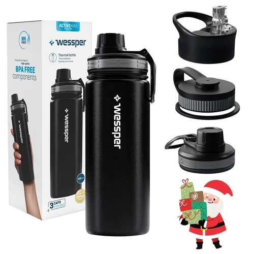 Trinkflasche Isolierflasche schwarz, 500ml Edelstahl, Auslaufsicher, 3x Deckel