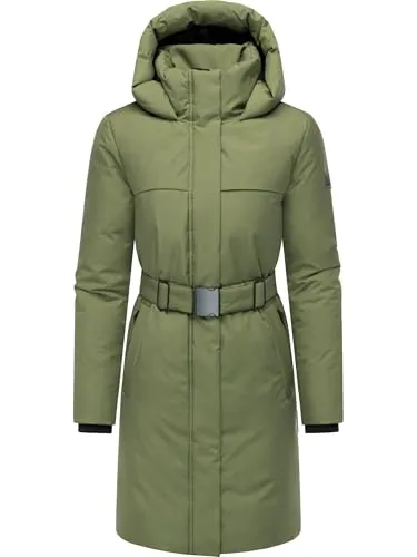 Navahoo Damen Wintermantel Parka Gipfelspass XIV Olive Leaf Gr. S - Modischer Wintermantel mit tailliertem Schnitt und Gürtel. Das wind- und wasserabweisende Material sowie das weiche Futter halten Sie warm und stylish. Praktische Taschen und ein 2-Wege-Reißverschluss runden das Design ab.