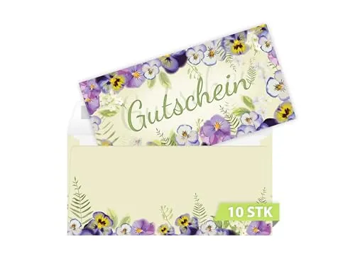 Gutscheine DIN lang (21x10,5 cm) mit 10 Kuverts DIN lang (22x11 cm) Motiv Veilchen Blumen Gutscheine zum Ausfüllen Gutschein Geschenk Karte für Massage Wellness Kosmetik Nagelstudio Spa Beauty 10