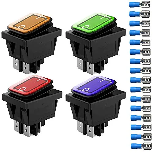 Gebildet 4Stücke 12V 24V 20A Wasserdicht Wippschalter mit LED-Anzeige, 4Pin 2Positionen DPST Beleuchtete EIN-Aus-Kippschalter für Auto LKW Motorrad Boot Marine (Rot Gelb Blau Grün)