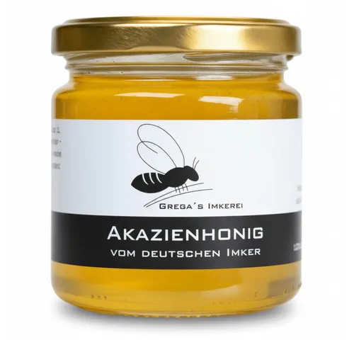 Grega´s Imkerei Honig Akazienhonig (Robinienhonig) aus Deutschland, 1 x 250 g, (direkt vom Imker - schonend verarbeitet), flüssiger Honig – mild & blumig – hellgolden & klar