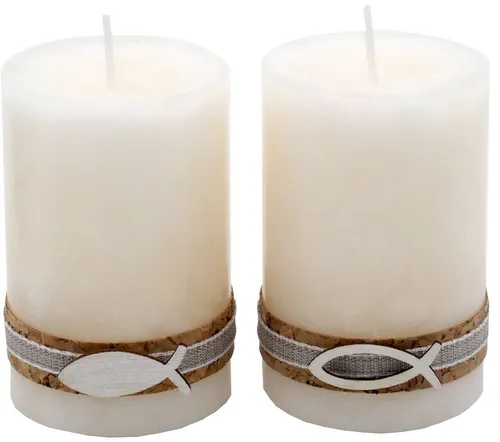 ZauberDeko Stumpenkerze 2 Stumpenkerzen Kerzen Creme Kork Fisch Holz Tischdeko