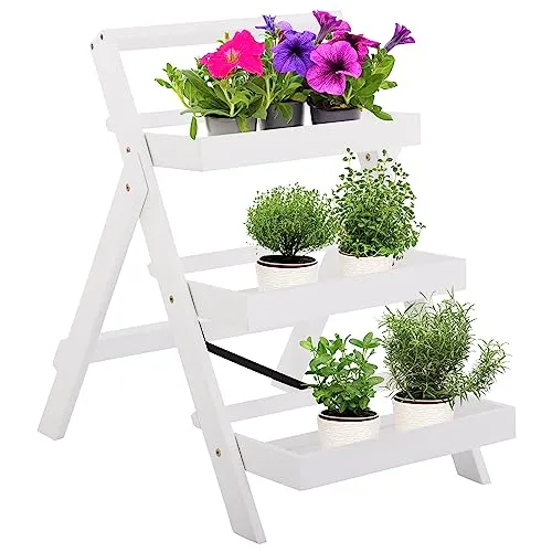 MACO Möbel Pflanzregal aus massivem Akazienholz – 3-stöckige Blumentreppe - Blumentreppen aus massivem Akazienholz, klappbar und platzsparend, ideal für drinnen und draußen