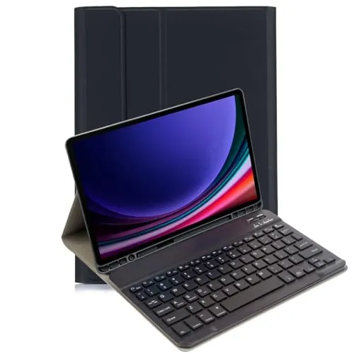 Lobwerk 3in1 Bluetooth Tastatur mit Beleuchtung und Cover für Samsung Galaxy Tab S9 FE - Praktische 3in1 Lösung für das Samsung Galaxy Tab S9 FE: Schutzhülle mit integrierter Tastatur, kabellose Ladefunktion für den S-Pen und nützliche Sleep & Wake-Funktion.