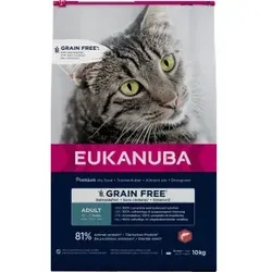 Eukanuba Katzenfutter trocken getreidefrei - Premium Lachs 10kg - Getreidefreies Premiumfutter für ausgewachsene Katzen (1-7 Jahre) mit 81% tierischem Protein, das die Muskulatur unterstützt und die Vitalität fördert. Reich an Omega-3-Fettsäuren für einen leckeren Geschmack.