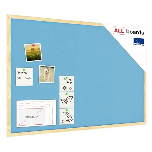 Allboards Pastellblaue Pinnwand mit Holzrahmen 90x60cm - Präsentation: Hochwertige Korktafel mit selbstheilender Oberfläche, ideal für intensiven Bürogebrauch und effektives Zeitmanagement.