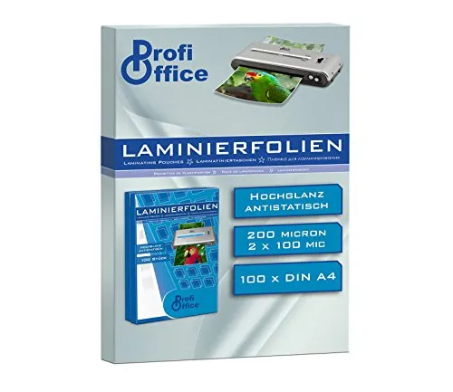 ProfiOffice® Premium Qualitäts Heiß-Laminierfolien, DIN A4, 2 x 100 Mikron, 100 Stück, Für Dokumente, Fotos oder Karten - Wasserfest, unzerreißbar in Glänzend (19007)
