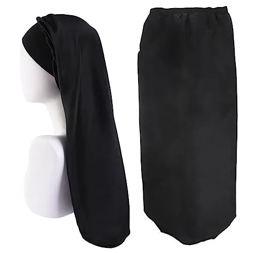 LABUYI Satin Schlafhaube für Lange Haare, Seidentuch zum Schlafen, Silk Bonnet, Schützt Lockiges Haar (Schwarz)