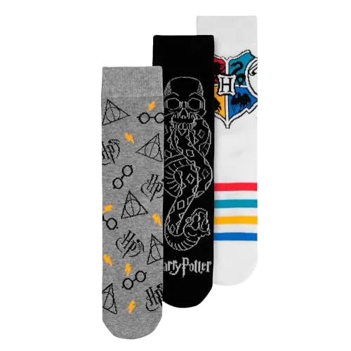 United Labels 3 Paar Harry Potter Socken für Herren, Grau Schwarz Weiß, 43-46, Herrensocken, Männer Strümpfe Hogwarts