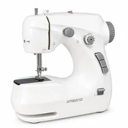Mini-Nähmaschine Kompakte Reisenähmaschine mit Fußpedal & Zubehörset (Netz- & Batteriebetrieb), verschiedene Farben (grau) - Weiß/Grau