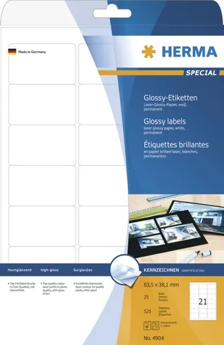 Herma Hochglanz-Etiketten 4904 - 525 Stück, 63,5 x 38,1mm - Diverse H, hochwertige Foto-Qualität mit glänzendem Papier für brillante Druckergebnisse, ideal für Produktaufkleber und Präsentationen, lösungsmittelfreier Kleber, Made in Germany.