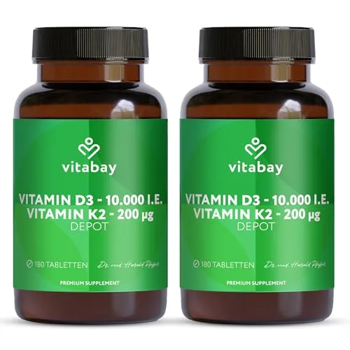 Vitabay Vitamin D3 K2 10000 IE – 360 vegane Tabletten – Ohne Zusatzstoffe und vegan – Laborgeprüft in Deutschland