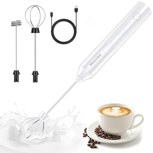 Morpilot Milchaufschäumer Stab, Wiederaufladbar Milchschäumer Elektrisch, abnehmbarer Edelstahl Schneebesen, Mini Mixer für Latte, Cappuccino, Matcha-Tee, Weiß