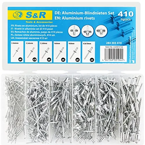 S&R Aluminium Blindnieten Set, 410 teiliges Sortiment, korrosionsgeschützt, 6 Größen in Box, 2.4x6mm, 3.2x6mm, 3.2x8mm, 4x6mm, 4x8mm, 4.8x10mm; Flachrundkopf, Popnieten, Alu/Stahl Nieten Satz