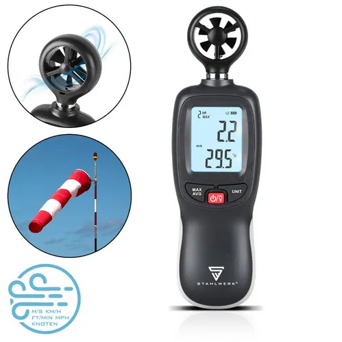 STAHLWERK Anemometer – Kompakter Luftgeschwindigkeitsmesser 30 m/s - Geschwindigkeitsanemometer mit präziser Windmessung und Temperaturanzeige, ideal für Lüftungsüberprüfungen und Outdoor-Aktivitäten. Beleuchtetes LCD-Display für einfache Ablesbarkeit.