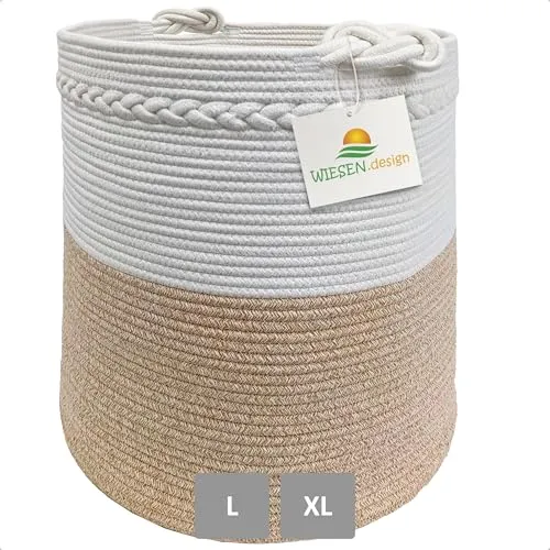 WIESEN.design Korb KNUT Ø46xH48 cm - Handgefertigter Wäschekorb aus recycelter Baumwolle - Wäschekorb, 80L, geflochten aus 100% Baumwolle, hautfreundlich und waschbar, ideal für umweltbewusste Aufbewahrungslösungen