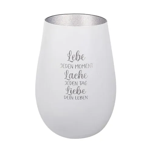 Der-Porzellan-Laden Windlicht mit Gravur Lebe jeden Moment Lache jeden Tag, Weiß Silber, Teelichthalter aus Glas mit Spruch, Tischdeko modern