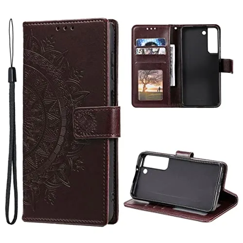 CoverKingz Schutzhülle kompatibel mit Samsung Galaxy S22 5G - Handycover mit Kartenfach Schutztasche Wallet - Flip Case klappbar Motiv Mandala Braun