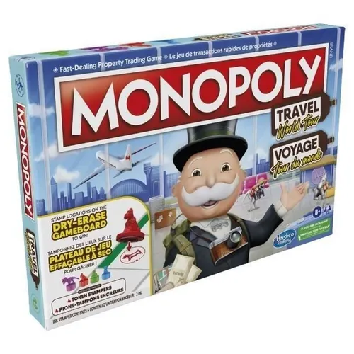 Hasbro Gaming Monopoly Reise um die Welt - Gesellschaftsspiel für Familie und Kinder ab 8 Jahren, mit trocken abwischbarem Spielbrett und Stempelkissen für ein interaktives Spielerlebnis.