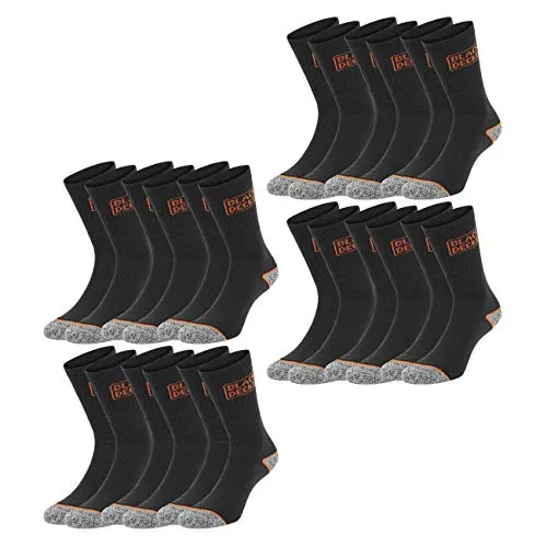 BLACK+DECKER Unisex Herren Damen Arbeitssocken Essential Work Crew Socken 12er Pack Schwarz Grau Melange Baumwolle, Größe:39-42, Farbe:12 Paar Black