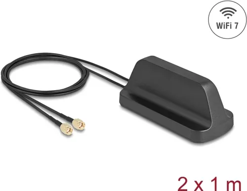 Delock WiFi 7 Antenne mit 2 x RP-SMA Stecker - Netzwerkantenne für WLAN, bietet eine verbesserte Reichweite und Signalstärke mit 2,4 - 4,0 dBi für optimales Online-Erlebnis.