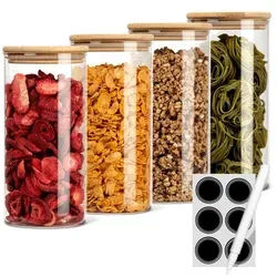 classbach® Luftdichte Vorratsdosen 4er Set | BPA-frei mit Aufklebern und Stift - Praktisches 4er Set aus hochwertigen Glasvorratsdosen (1500 ml) mit Bambusdeckel und Silikonring für optimale Aufbewahrung. Ideal für eine ordentliche und dekorative Lagerung von Lebensmitteln.