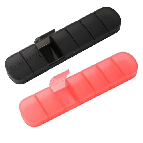 Tablettenbox 7 Tage, Pillendose für 7 Tage, Tablettendose, Pillenbox mit getrennten Fächern, handliche Medikamentenbox. (Schwarz, rot)