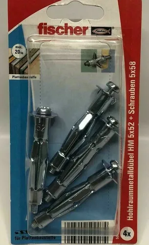 Fischer Hohlraum-Metalldübel HM 5 x 52 SK - Hohe Tragfähigkeit mit mehrfacher Befestigung, ideal für Plattenbaustoffe