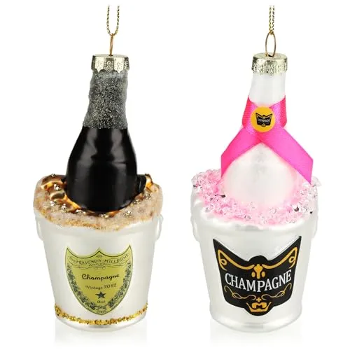 com-four® 2X Christbaumschmuck - Deko-Champagnerflasche im Sektkühler - besondere Baumkugeln als Weihnachtsdeko - Weihnachtsbaumanhänger aus Glas (2X Champagnerflasche)