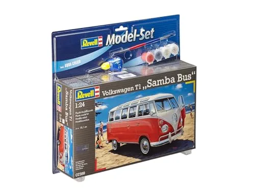 Revell 67399 VW T1 Samba Automodell Bausatz 1:24 - Auto-Modellbausatz des legendären VW T1 Samba mit detailliertem Innenraum und beweglichen Türen, ideal für Modellbau-Enthusiasten und VW-Fans.