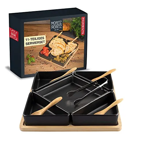 Moritz & Moritz 5x Schwarze Dipschalen Set mit Brett Holz - Snackschalen & Dipschalen – Vielseitiges Set für Tapas, Saucen und Süßigkeiten, ideal für jede Gelegenheit und stilvoll präsentiert auf einem Holzbrett.