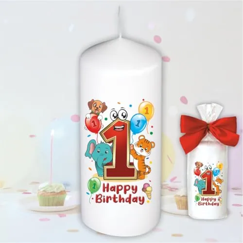 Stumpenkerze - Geburtstagskerze zum 1. Geburtstag, Happy Birthday - Motive auf Tattoofolie | Geschenkfolie und Schleife | Kerze mit Geburtstagszahl Zahl in Geschenkverpackung zum Kindergeburtstag